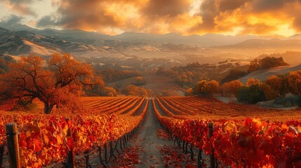 Autumn vineyard, ripe grapes on vines, golden and red leaves, rolling hills, warm afternoon light, rustic charm