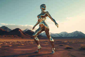 Naklejka premium Crome robot woman dancing in the desert. Artificial intelligence rise and shiny. Mechanical beauty.