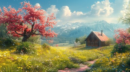 Spring countryside, blossoming fruit trees, green fields, quaint cottages, sunny and peaceful, rejuvenating season