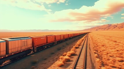 Fototapeta premium A massive freight train speeds across the arid prairie, its metal wheels rumble along the tracks, merging with the howling wind.