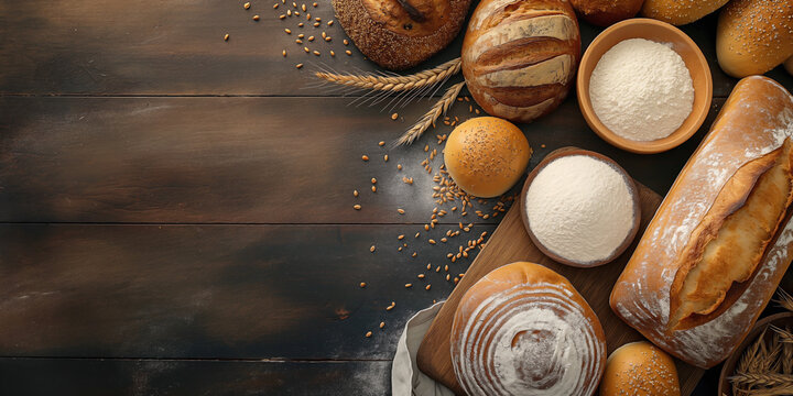 envision a captivating tableau on a dark wooden surface, stretching wide to accommodate a serene bakery scene