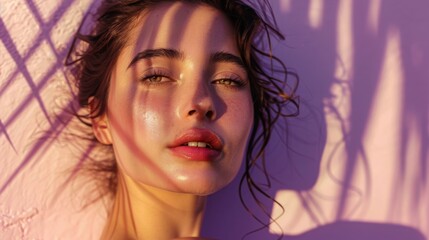 A woman lies on her back, her face illuminated by sunlight filtering through a lattice pattern, casting shadows on her skin.