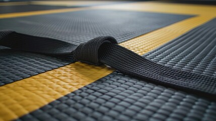 Second degree Brazilian Jiu Jitsu black belt on martial arts gym mats with copy space