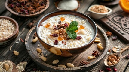 The national cuisine of Egypt. Mehallabeya - rice in milk with sugar and dried fruits.
