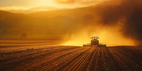 Fototapeta premium A farmer drives a tractor through a field at sunset. AI.