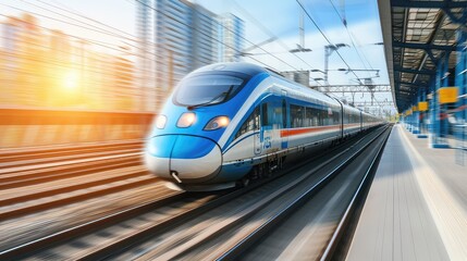 Naklejka premium The train's sleek lines and modern design perfectly complement the contemporary architecture of the city.