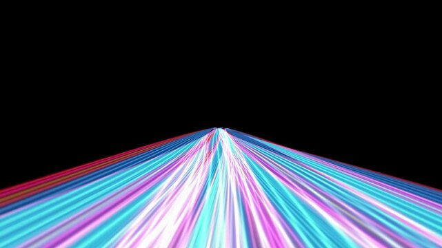 3d render. Abstract neon background. Fluorescent ines glowing in the dark room with floor reflection. Virtual dynamic ribbon. Fantastic panoramic wallpaper. Energy concept
