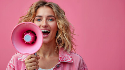 Cheerful Woman Making an Announcement with Megaphone on Vibrant Background | Dynamic Public Speaking and Marketing Concept Photos