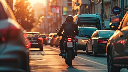 A motorcyclist embracing the style and speed on their powerful bike amidst the urban hustle.