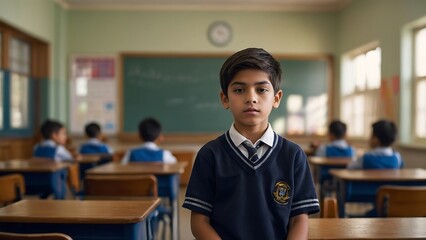 Obraz premium Happy student modern school boy wearing uniform holding books and bag, Back to school