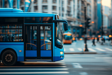 Obraz premium Side view of blue coloured autonomous electric bus on the city road