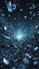 Sbstract design of broken mirror scattered glass pieces reflecting light striking contrast against the blue technology-inspired computer background