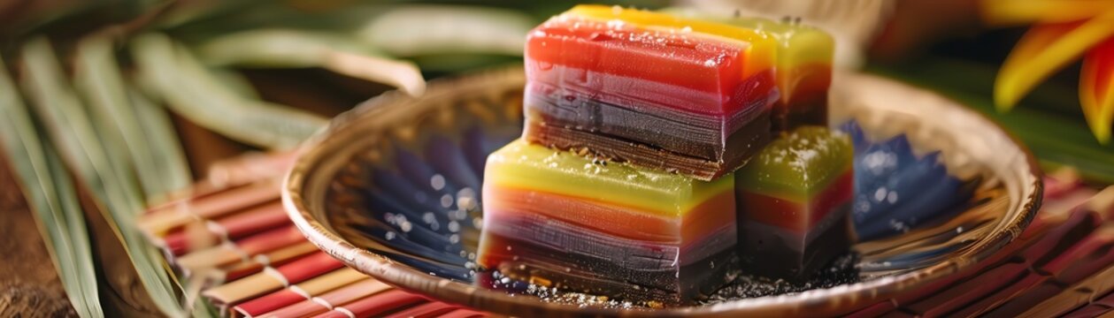 A closeup of a Malaysian kuih lapis, showing its colorful, layered texture and delicate sweetness, arranged on a traditional plate with soft, natural lighting