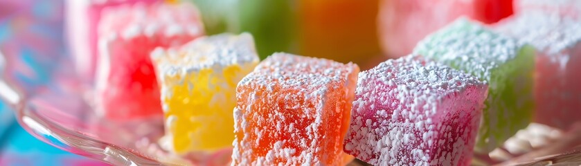 Fototapeta premium A closeup of a Turkish delight, showing its vibrant, colorful cubes dusted with powdered sugar, arranged on a stylish plate with a vibrant backdrop