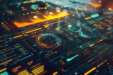 Fototapeta premium Intuitive Workflow: Futuristic Charts and Diagrams in High-Tech Workspace - Generative AI.