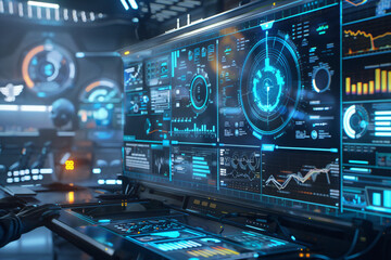 Obraz premium Intuitive Workflow: Futuristic Charts and Diagrams in High-Tech Workspace - Generative AI.