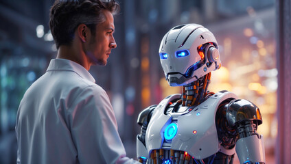 A scientist with a humanoid robot