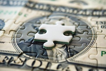 close-up photo of a white jigsaw puzzle piece resting on top of an American banknote, symbolizing the hidden costs and investments in financial planning.
