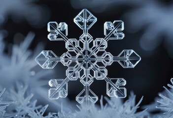 Macro snowflake on dark blurred background. Beautiful natural winter frosty backdrop. Abstract closeup snow crystal. Complex stellar dendrite with octagonal symmetry. For Christmas, New Year