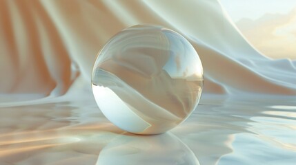 Ethereal Glass Sphere on Reflective Surface with Flowing Fabric Background