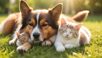 Obraz premium Dog and cat both are sleeping on grass with beautiful sunshine