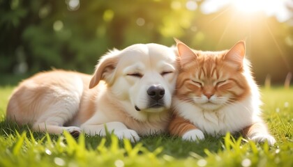 Obraz premium Dog and cat both are sleeping on grass with beautiful sunshine