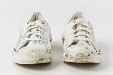 Pair of white used old dirty basic sneakers isolated on white background