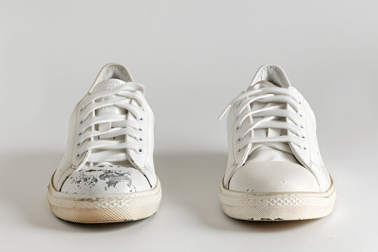 Pair of white used old dirty basic sneakers isolated on white background