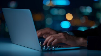 A focused office worker typing on a laptop late into the night, illustrating their determination to meet deadlines, hyper-realistic, cinematic photography