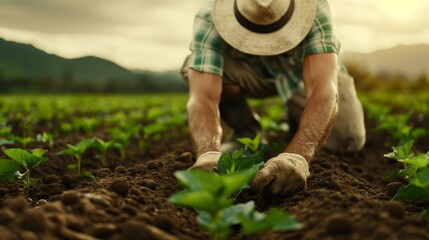 Naklejka premium A hardworking farmer tending to crops early in the morning, showcasing their dedication and perseverance, hyper-realistic, cinematic photography