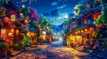 Fototapeta premium Magical Nighttime Street Scene with Lanterns