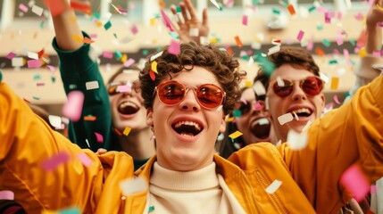 A vibrant picture of friends celebrating together at school, in casual outfits, illustrating warmth and celebration, realistic, cinematic, 8k, very detailed