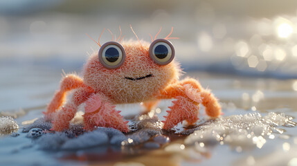 Obraz premium Adorable Knitted Crab on the Beach at Sunset