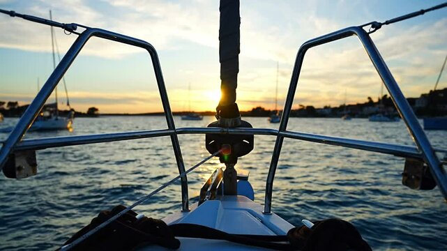 Yacht moored on buoys near the shore in the bay of Uvala Gradina near the town of Vela Luka on the island of Korcula at sunset lights in Croatia