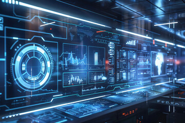 Obraz premium Intuitive Workflow: Futuristic Charts and Diagrams in High-Tech Workspace - Generative AI.
