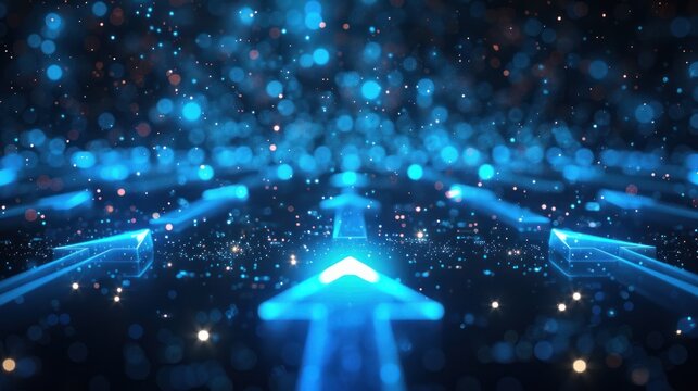 Futuristic blue arrows pointing forward with glowing particles, symbolizing progress and direction in a digital world.