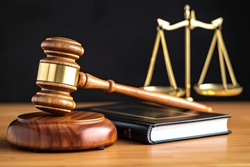 close-up shot of a wooden gavel resting on top of a book with a golden scale placed next to it on a table. The image conveys the concepts of court, law, justice, and balance.