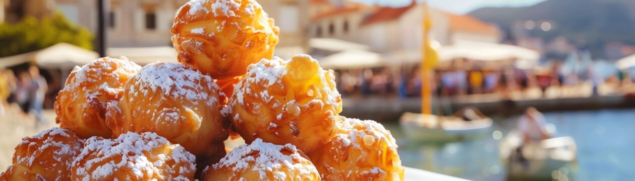 A dynamic image of a Croatian fritule, with its golden, crispy exterior and dusting of powdered sugar, set against a bustling seaside market backdrop