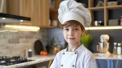 Boy with a chef's hat cooking in a modern kitchen, aspiring chef, culinary dreams