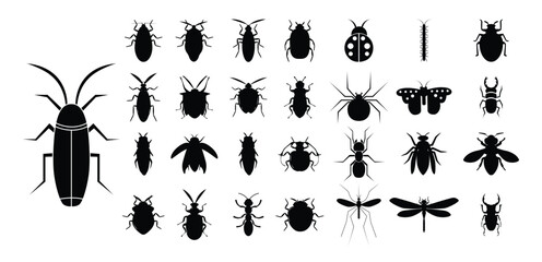 Insect icons create a range of designs using black silhouettes.