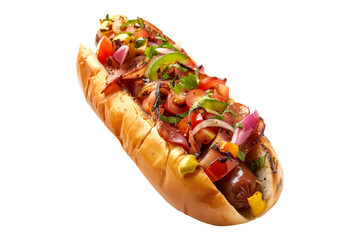 Classic Tex-Mex hot dog with ketchup and mustard on a soft bun a isolated on white transparent background.