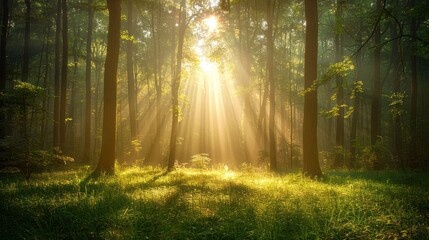 Fototapeta premium Serene forest scene with sunlight filtering through tall trees, casting beautiful rays and shadows on the lush greenery below.