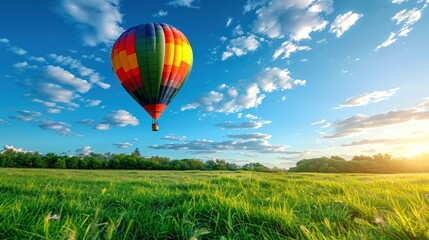 Fototapeta premium A vibrant hot air balloon hovering over a green field under a blue sky with clouds during sunset.