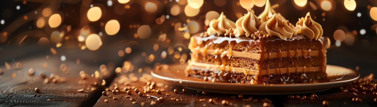 A luxurious image of a Hungarian dobos torte, with its layered sponge and caramel topping, set against an elegant backdrop with warm lighting