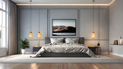 comfortable bedroom with big painting on the wall