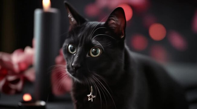 black cat with a pentacle star on the collar sitting near the black candle and pink flowers. 