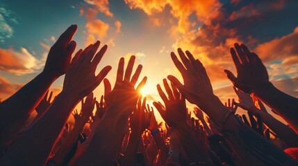 Vibrant Crowd Reaching for the Sunset at an Outdoor Festival