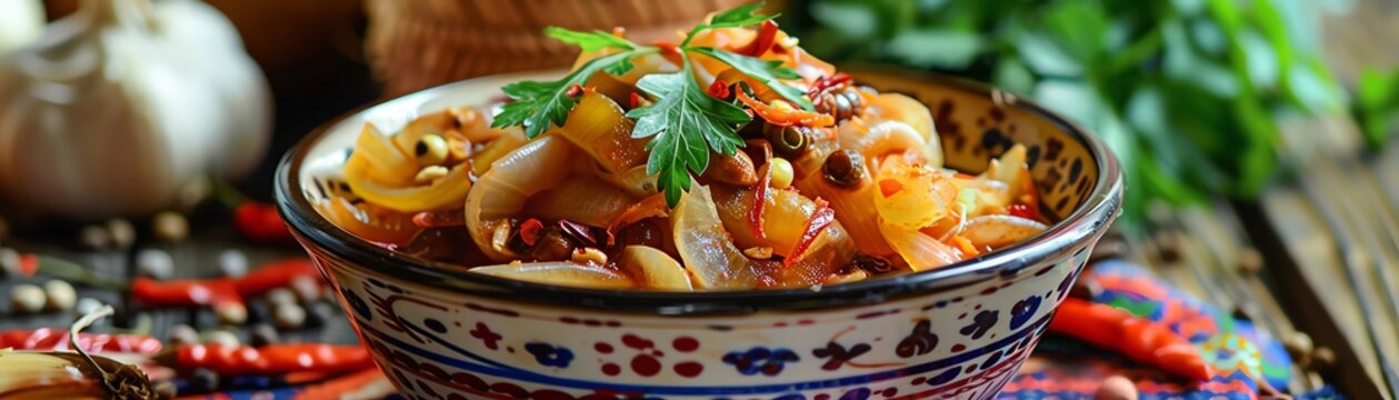 A luxurious image of Kazakh shalgam, with its fermented vegetable slices, served in a traditional bowl against a bright, colorful background with natural lighting