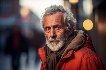 A man with a beard and gray hair is wearing a red coat and scarf
