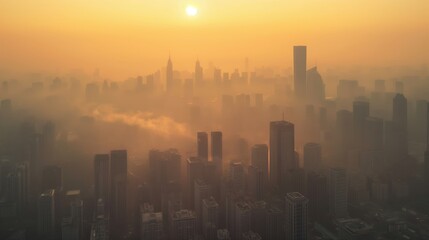 Obraz premium Golden hour skyline city fog and sun